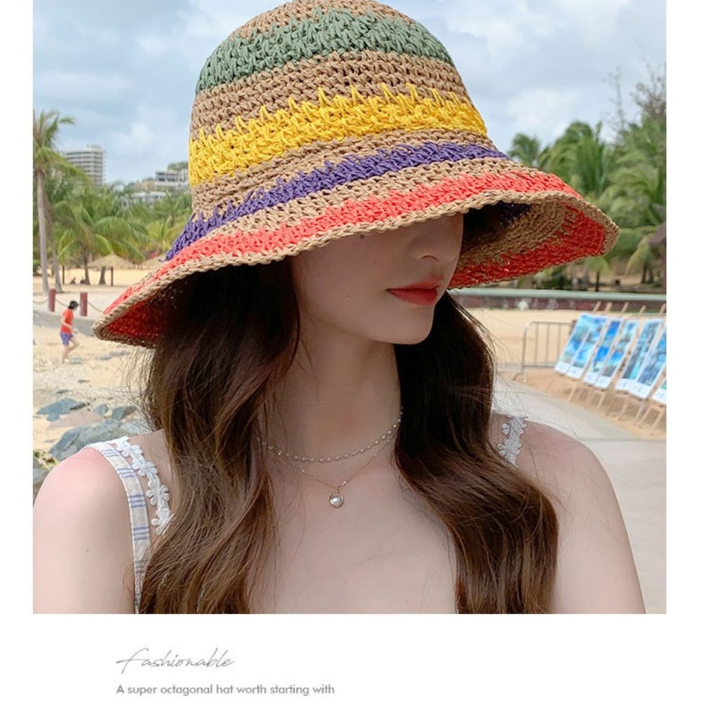 Foldable Bohemian Seaside Rainbow Color Straw Wov… - image 2